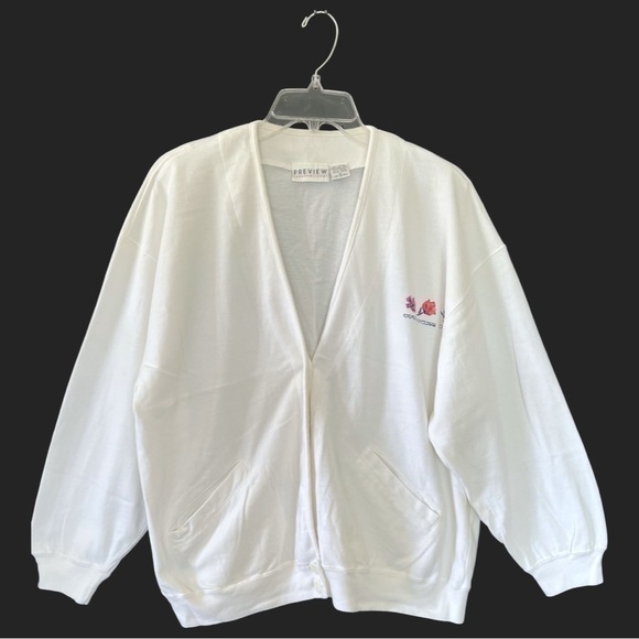 Preview International Sweaters - Vintage 90s Preview International White Cardigan Sweatshirt Embroidered M